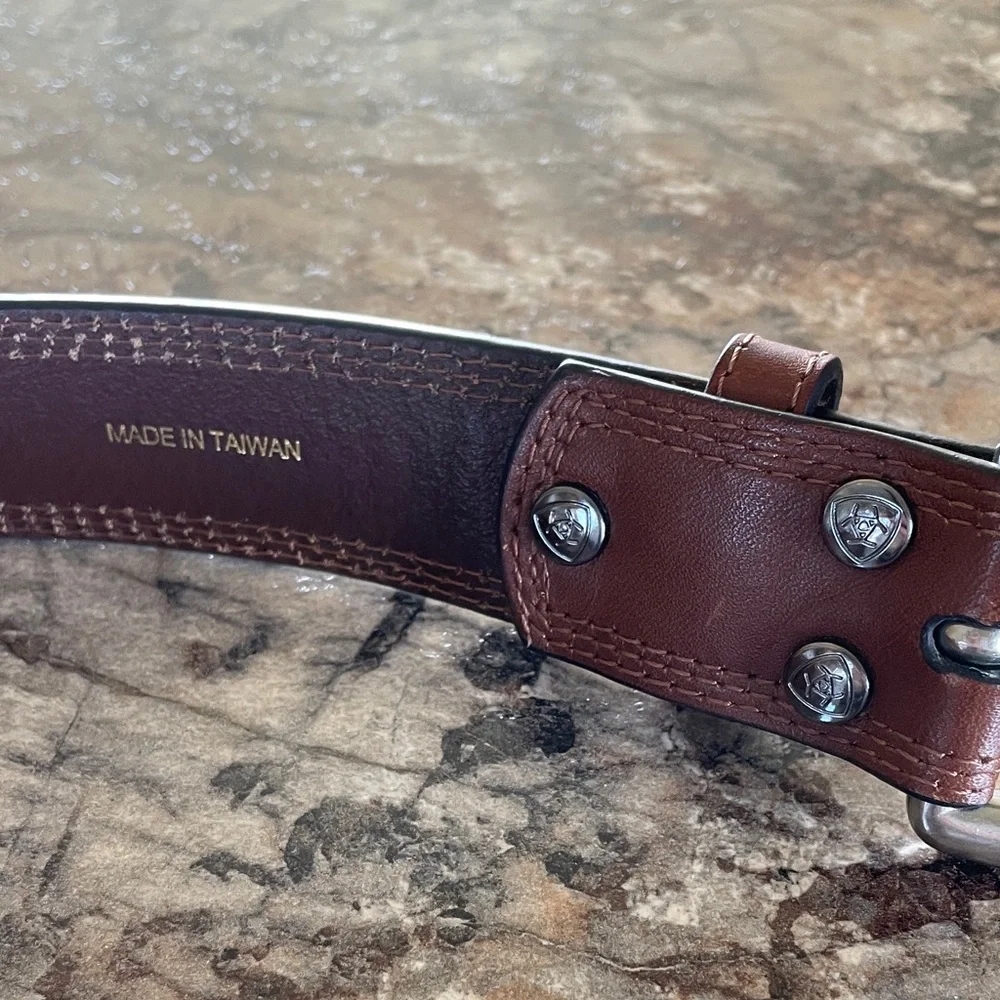 Ariat Men's Brown Leather Belt 38 Western Brushed Metal Buckle Equestrian Rodeo